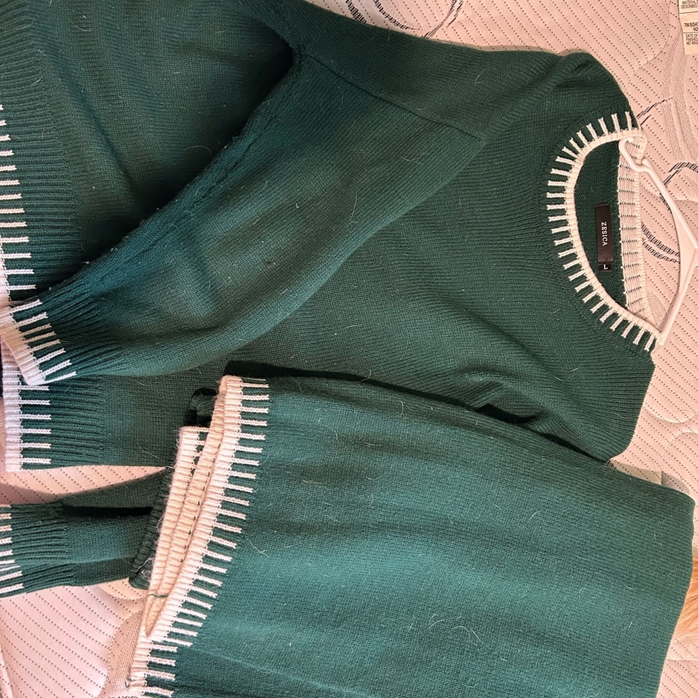 Green Sweater Set with White Trim
